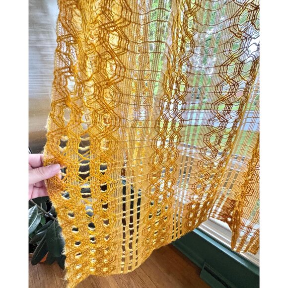 Vintage 70s pleated curtain, orange mesh, open weave geometric, pair - Picture 3 of 10